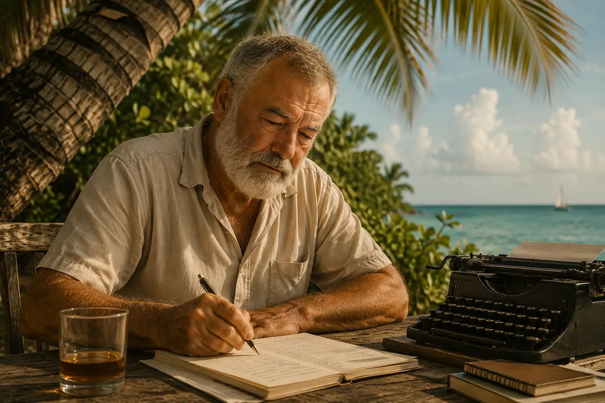 Vintage-inspired scene representing Ernest Hemingway writing beside the tropical waters of Key West
